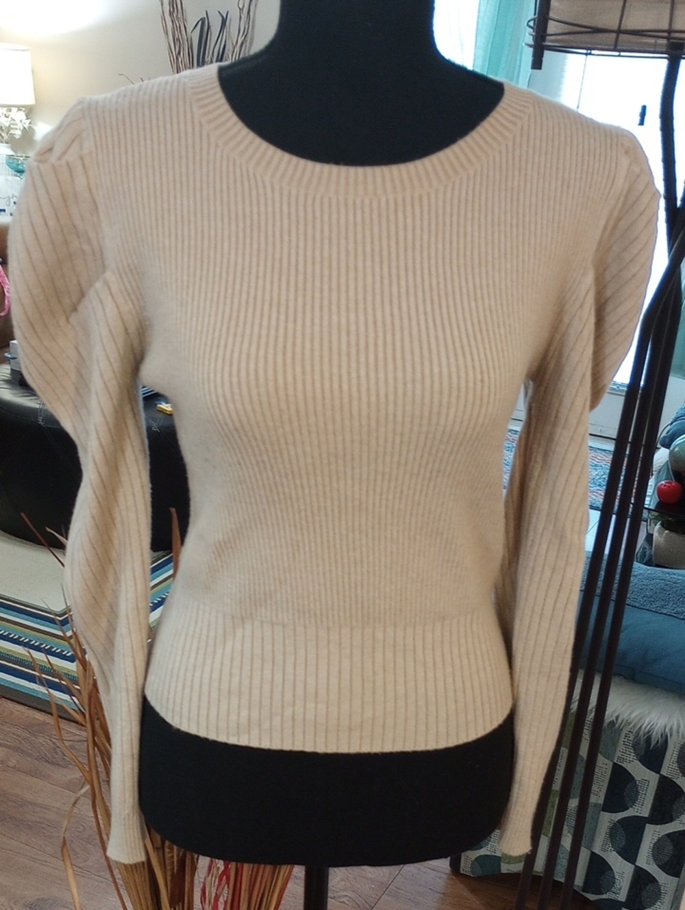 Lumiere Ribbed Crewneck Sweater in Soft Beige